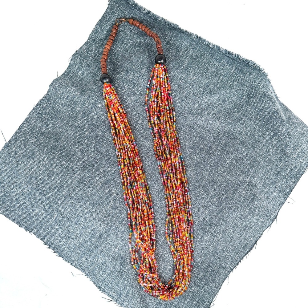 Multi Strand Southwestern Seed Bead Necklace 18 Strand Multicolor Wood Beads 32"